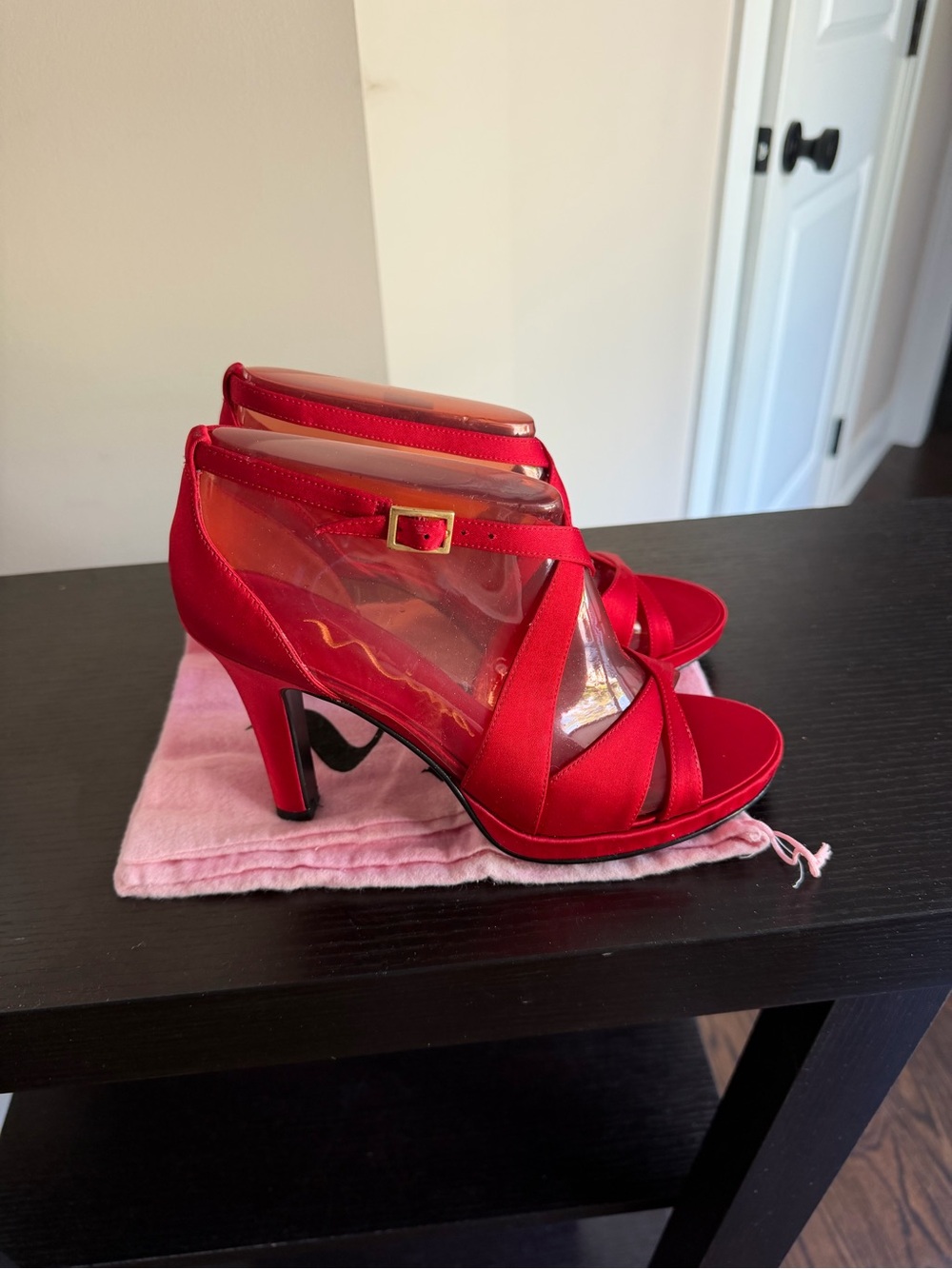 Nina Red Satin High Heel Sandals with Ankle Strap